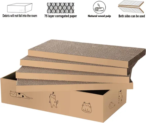 Vista 5 de 4 paquetes en 1 almohadilla para arañazos para gatos con caja, cartón rascador para gatos, cartón reciclable reversible, duradero, adecuado para que