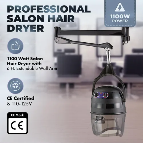 Vista 2 de Pibbs 515 Kwik Dri - Secador de pelo montado en la pared para salones profesionales, secadora con capucha de 1100 W, brazo de pared ajustable de 6