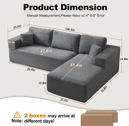 Vista 2 de Sofá modular Cloud de 106 pulgadas con diván en forma de L, moderno sofá modular sin hueso con asiento profundo, sofás tapizados para sala de estar