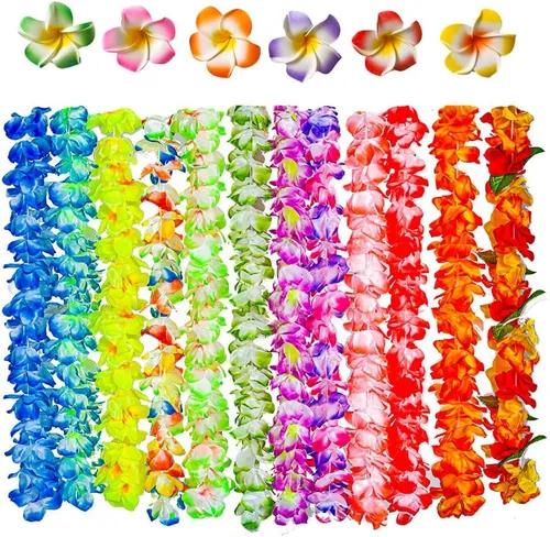 Vista 4 de 50 piezas suaves hawaianas Leis Luau decoraciones de fiesta tropicales regalos de fiesta Lei Hawaiian Flower Clip para el pelo, diademas y pulseras
