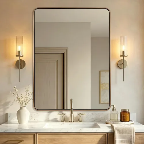 Vista 76 de Espejo de latón para baño, espejo rectangular redondeado de 22x30 pulgadas con marco de metal cepillado dorado, espejo de tocador de baño sin