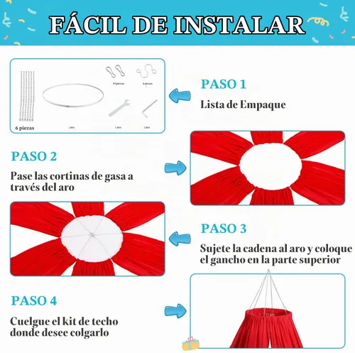 Vista 5 de Kit de cortinas de techo para colgar, kit de cortina de techo de metal plateado, kit de accesorios redondos de 24 pulgadas para techo