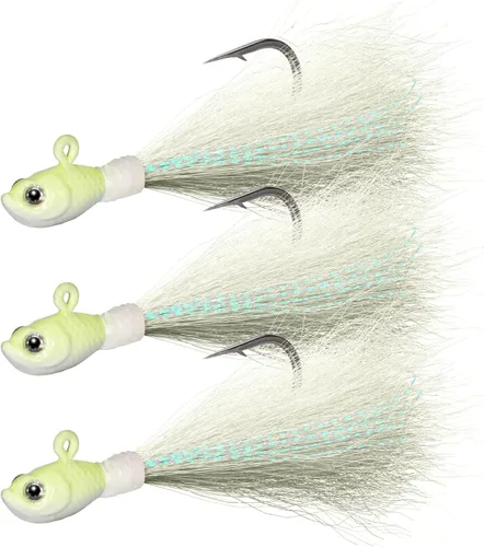 Vista 16 de Dr.Fish Paquete de 3 señuelos de cola de cubo para el cabello, señuelos de agua salada y dulce para pesca de surf, pesca, blanco, rojo, Chartreuse