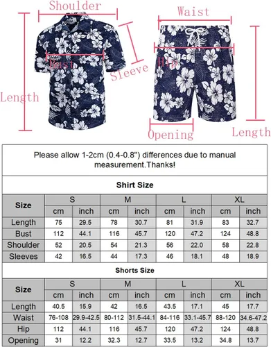 Vista 8 de Lavnis Conjunto de camisa hawaiana para hombre, camisa de manga corta con flores y pantalones cortos, trajes de 2 piezas