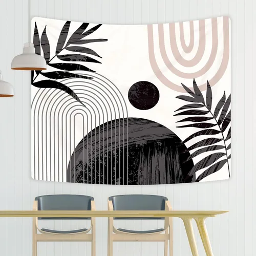 Vista 4 de KOMLLEX Tapiz abstracto negro bohemio de mediados de siglo, moderno, estético, minimalista, para colgar en la pared, hojas de sol, arco rosa