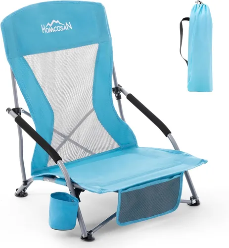 Vista 24 de Homcosan Silla de playa portátil baja plegable con paraguas desmontable, silla de campamento ligera para adultos con portavasos y bolsillo