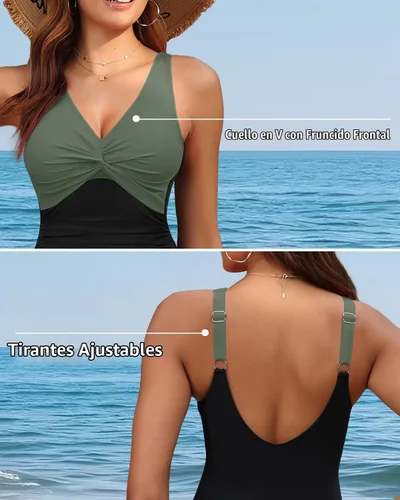 Vista 2 de Traje de baño de una pieza con control de abdomen para mujer Verde y negro