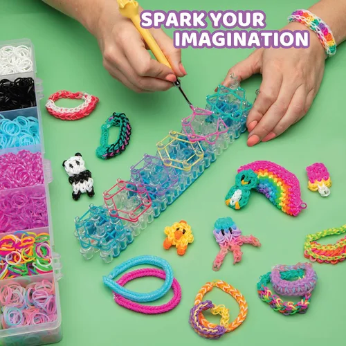 Vista 3 de Rainbow Loom - Juego combinado MEGA, cuenta con más de 7000 bandas de goma coloridas, 2 instrucciones de pulsera, estuche organizador, gran regalo