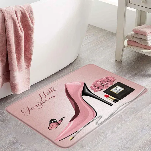 Vista 2 de Tapete de baño de tacón alto, color rosa, con lápiz labial, perfume, flor, Hello Gorgeous Fashion Maquillaje, lindo, para niñas y mujeres, tapete