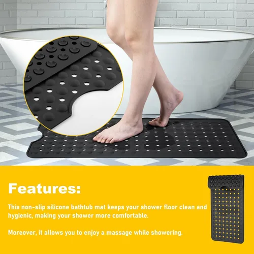 Vista 6 de Tapete de silicona antideslizante para bañera de 36 x 16 pulgadas, con orificios de drenaje y ventosas, tapetes mejorados para bañera y ducha, Negro