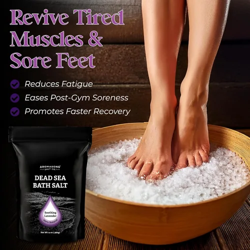 Vista 7 de Aromasong Sal pura del mar muerto para remojar con lavanda 100 % natural, 14 onzas, sal de baño de spa de grano fino, exfoliante de lavado corporal
