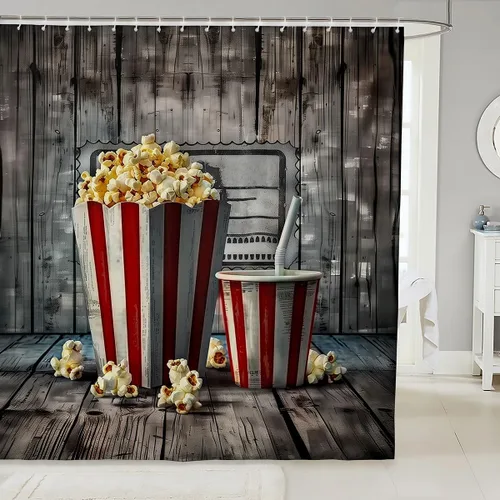 Vista 18 de Homewish Theater Cinema Poster Shower Curtain Set,Retro Movie Bathroom Curtain,Kids Girls Teens Popcorn Waterproof Fabrics Movie Night Bathroom
