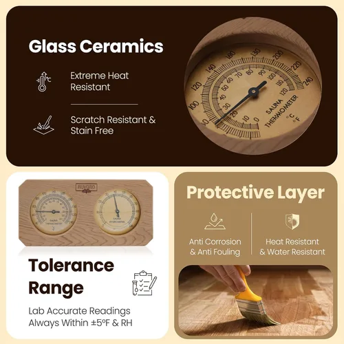 Vista 3 de Termómetro e higrómetro de sauna 2 en 1 - Hecho a mano con madera de cedro rojo canadiense - Medidor analógico de temperatura y humedad - Fahrenheit