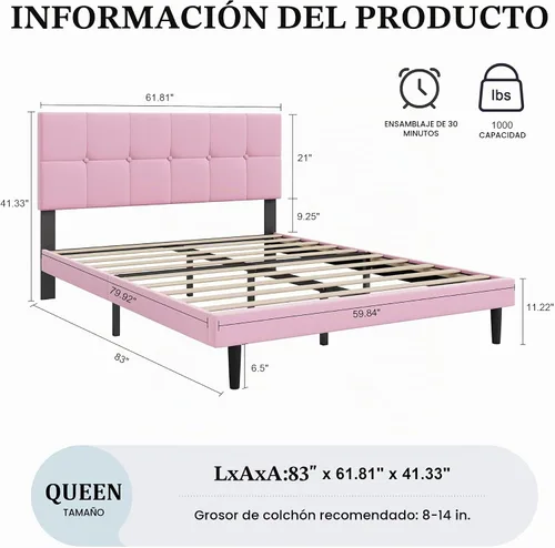 Vista 2 de Base de cama de plataforma de terciopelo tamaño Queen con cabecera tapizada y soporte de listones resistentes, diseño capitoné, no requiere somier