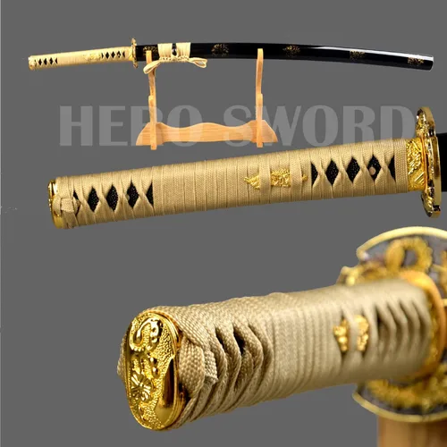 Vista 2 de Espada samurái japonesa hecha a mano con hoja de oro, grabado a mano, Katana de dragón dorado, espiga completa, afilada, puede cortar árboles