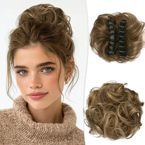 Vista 10 de RUWISS Extensiones de cabello humano real, ondulado y rizado, moño despeinado, cola de caballo para mujer (12H24# castaño rojo/rubio mediano)