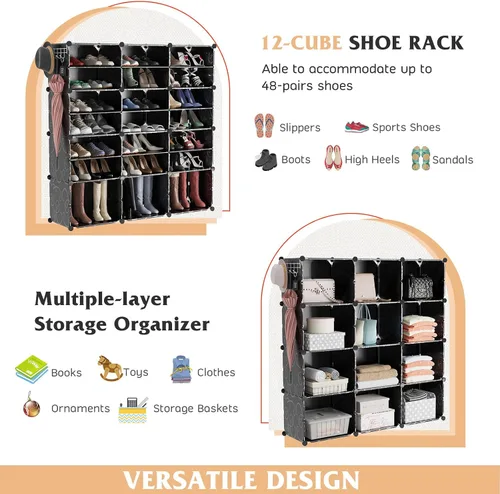 Vista 5 de Tangkula Organizador de zapatos de 48 pares, armario de almacenamiento de zapatos de 12 cubos con estante extraíble, 5 ganchos para colgar, estantes