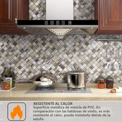 Vista 2 de STICKGOO Azulejo árabesco para salpicaduras de pelar y pegar, para salpicaduras de cocina y baño, grano de madera dorada con aspecto de mármol, PVC