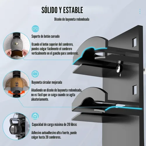 Vista 3 de Organizador de sombreros para gorras de béisbol, estante para sombreros de pared con adhesivo fuerte que sostiene hasta 10 sombreros, soporte