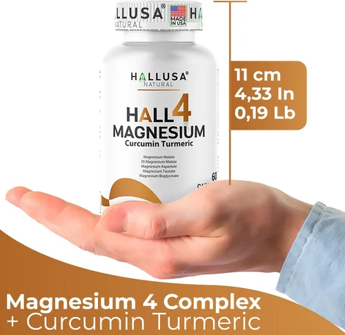 Vista 8 de HALL4 Magnesio 60 cápsulas – 4 complejos de magnesio malato, aspartato, taurato, bisglicinato y curcumina cúrcuma – energía, función muscular, salud
