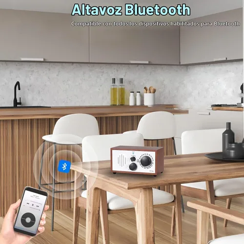 Vista 3 de Altavoz Bluetooth AM FM de madera vintage con enchufe de pared, diseño elegante y retro, altavoz Bluetooth con entrada auxiliar, conector