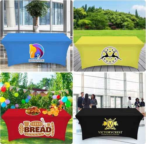 Vista 7 de Mantel personalizado con logotipo de negocios, mantel de elastano elástico personalizado para mesas rectangulares de 6 pies para ferias, eventos