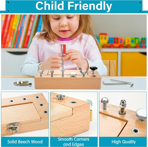 Vista 6 de WOODMAM Montessori - Juego de tablero de destornillador, caja de almacenamiento de madera y correa para niños pequeños, herramientas reales