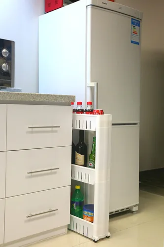 Vista 2 de Estante organizador móvil para lavandería con 5 grandes cestas de almacenamiento, diseño delgado ideal para espacios estrechos, PP, 3 niveles.