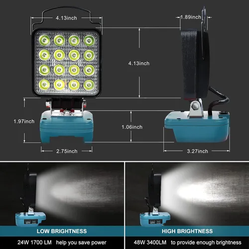 Vista 5 de Luz de Trabajo LED Inalámbrica Compatible con Batería Makita de 18V, Linterna de 48W 3400LM Luz de Inundación Portátil con Puertos USB y Tipo C