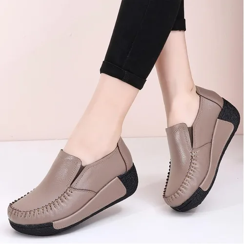 Vista 7 de Mocasines de cuero con plataforma para mujer, transpirables, antideslizantes, con buen arco, para enfermera, para caminar y caminar