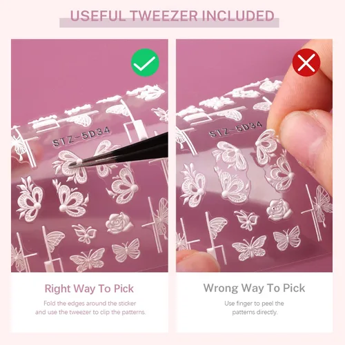 Vista 5 de 8 hojas de calcomanías de arte de uñas con flores 5D, calcomanías de uñas en relieve con pinzas, pegatinas autoadhesivas, uñas rosas y blancas