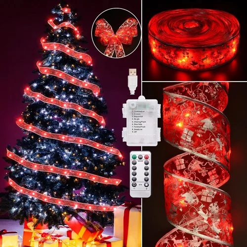 Vista 9 de Vimorg - Decoraciones de Navidad, 6.35 cm x 33 pies, 100 luces LED en forma de cinta para árbol de Navidad con control remoto, luces de hadas de 8