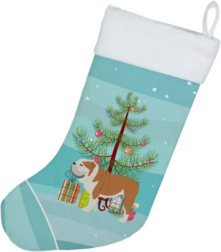 Vista 2 de Caroline's Treasures BB2980CS Bulldog Inglés Feliz Árbol de Navidad Calcetín de Navidad Chimenea Colgantes Medias de Navidad Temporada Decoración