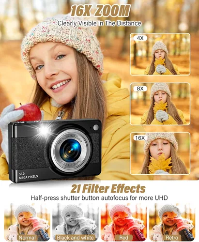 Vista 4 de Nueva cámara digital 2025, 56MP FHD 1080P para niños con zoom digital de 16x, antivibración, detección facial, captura de sonrisas, tarjeta TF de 32