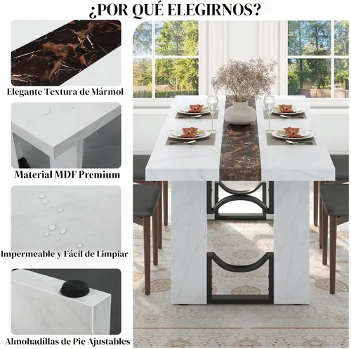 Vista 5 de Mesa de comedor de 71 pulgadas para 6-8 personas, mesa de cocina rectangular grande con mesa de color mármol, mesa de comedor lujosa de 6 pies