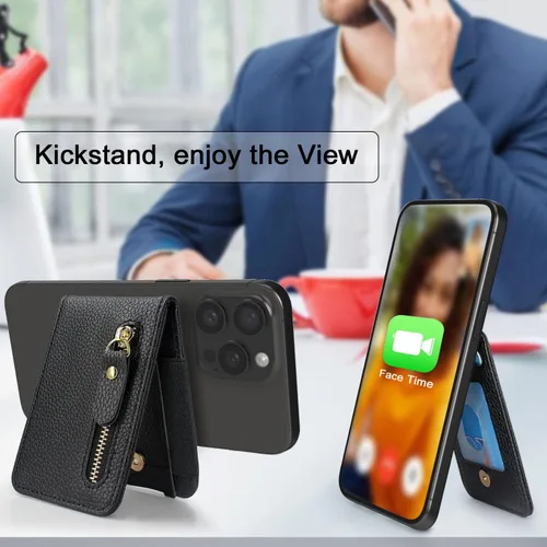 Vista 4 de Harryshell Cartera magnética compatible con cartera MagSafe con bolsillo con cremallera [capacidad para hasta 6 tarjetas] ranuras con soporte