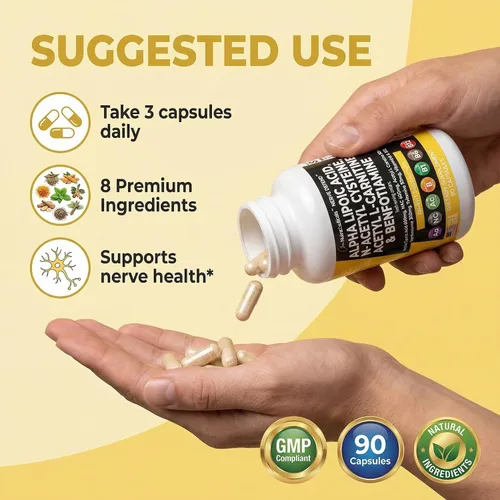 Vista 6 de Ácido alfa lipoico 600 mg N-acetil cisteína 600 mg acetil L-carnitina 500 mg Benfotiamina 300 mg - Suplemento de apoyo nervioso para mujeres