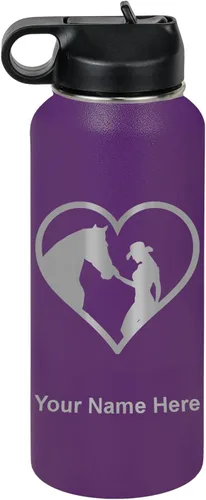 Vista 46 de LaserGram Botella de agua personalizada, corazón de vaquera de caballo, acero inoxidable de doble pared aislada al vacío con popote superior, regalo