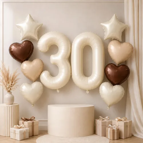 Vista 57 de Decoración de Globos Número 10 de 40 Pulgadas, Globos de Corazón Neutro de Papel de Aluminio Crema Retro Albaricoque Marrón con Globo de Helio