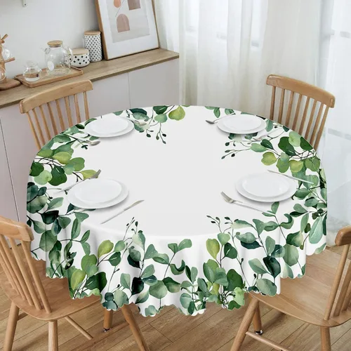Vista 4 de MAST DOO Mantel redondo floral de 60 pulgadas, mantel de hojas de eucalipto, impermeable, resistente a las manchas, sin arrugas, para el hogar