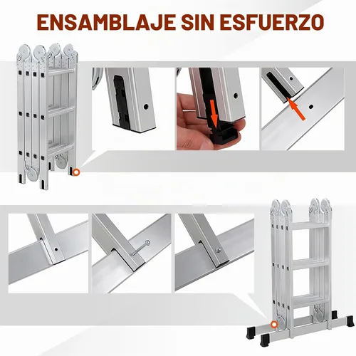 Vista 8 de LUISLADDERS Escalera plegable Extensión de aluminio multiusos 7 en 1 escalón resistente combinación EN 131 estándar (12.5 pies)