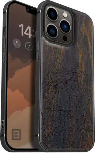 Vista 7 de Carveit Funda magnética de madera para iPhone 13 Pro [madera natural y TPU suave negro] Funda protectora de madera única y elegante a prueba