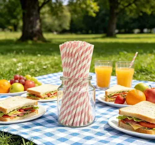 Vista 5 de Light Pink and White Striped Paper Straws, 100 Pack Disposable Biodegradable Drinking Straws, Food Grade Eco-Friendly Striped Paper Straws for