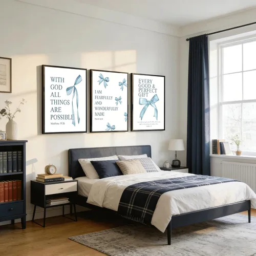 Vista 4 de 3 piezas de arte de pared con lazo azul inspirador, pintura bíblica preppy, decoración de pared, arco azul, pósteres de la Biblia, impresiones