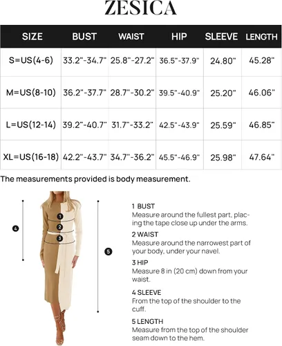 Vista 6 de ZESICA Vestido de punto acanalado para mujer, elegante vestido de manga larga con cuello redondo y lazo en la cintura ajustado ajustado