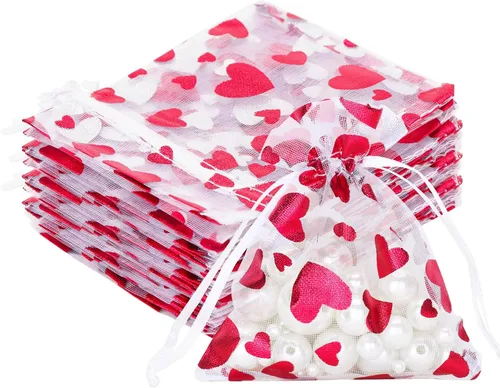 Vista 16 de G2PLUS - Bolsas de organza de corazón, 50 bolsas de regalo con cordón transparente de 4 x 6 pulgadas Pink Mesh Bags with Gold Foil Hearts for