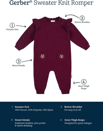 Vista 6 de Gerber Baby Girls Sweater Knit Romper Jumpsuit