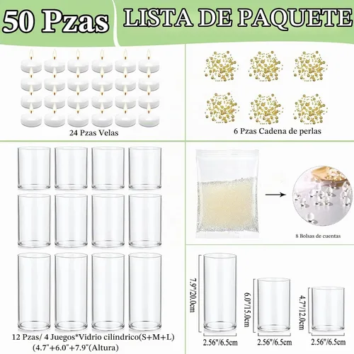 Vista 3 de UDU Juego de 12 jarrones de vidrio para centros de mesa con 24 velas flotantes blancas, 80000 llenadores de jarrones, 6 cuerdas de perlas, fiesta