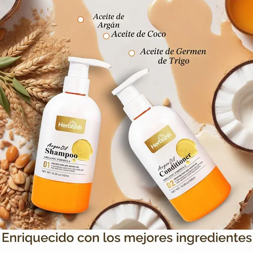Vista 3 de Herbishh Juego de champú y acondicionador de aceite de argán, fórmula de limpieza profunda para cabello seco y encrespado, ayuda a nutrir el cabello