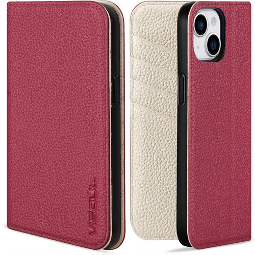 Vista 12 de VISOUL Funda de cuero con diseño de guijarros para iPhone 14 Plus, funda tipo cartera de cuero real con tarjetero y función atril magnética